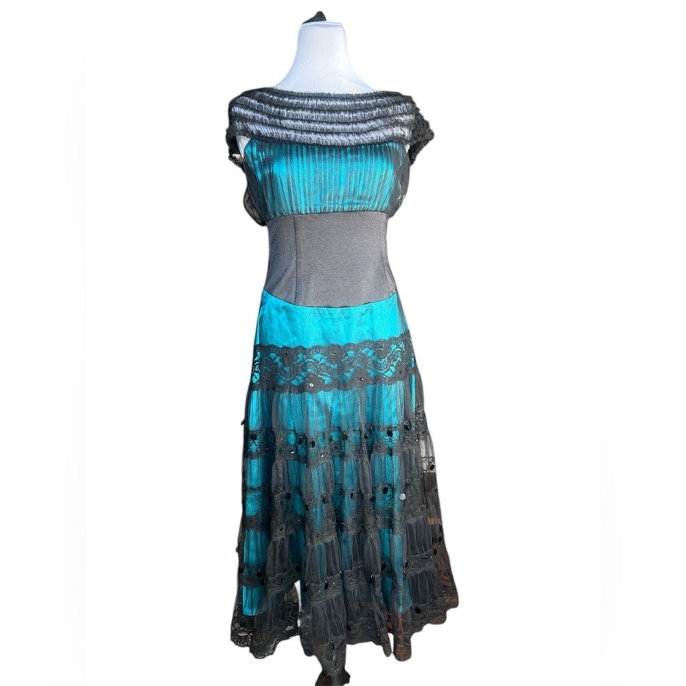 Lyndia Procanik Size M Dress Teal Black Lace Tulle Midi Corset Back